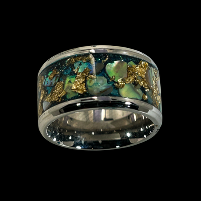 Green and Gold Stardust Abalone Silver Ring